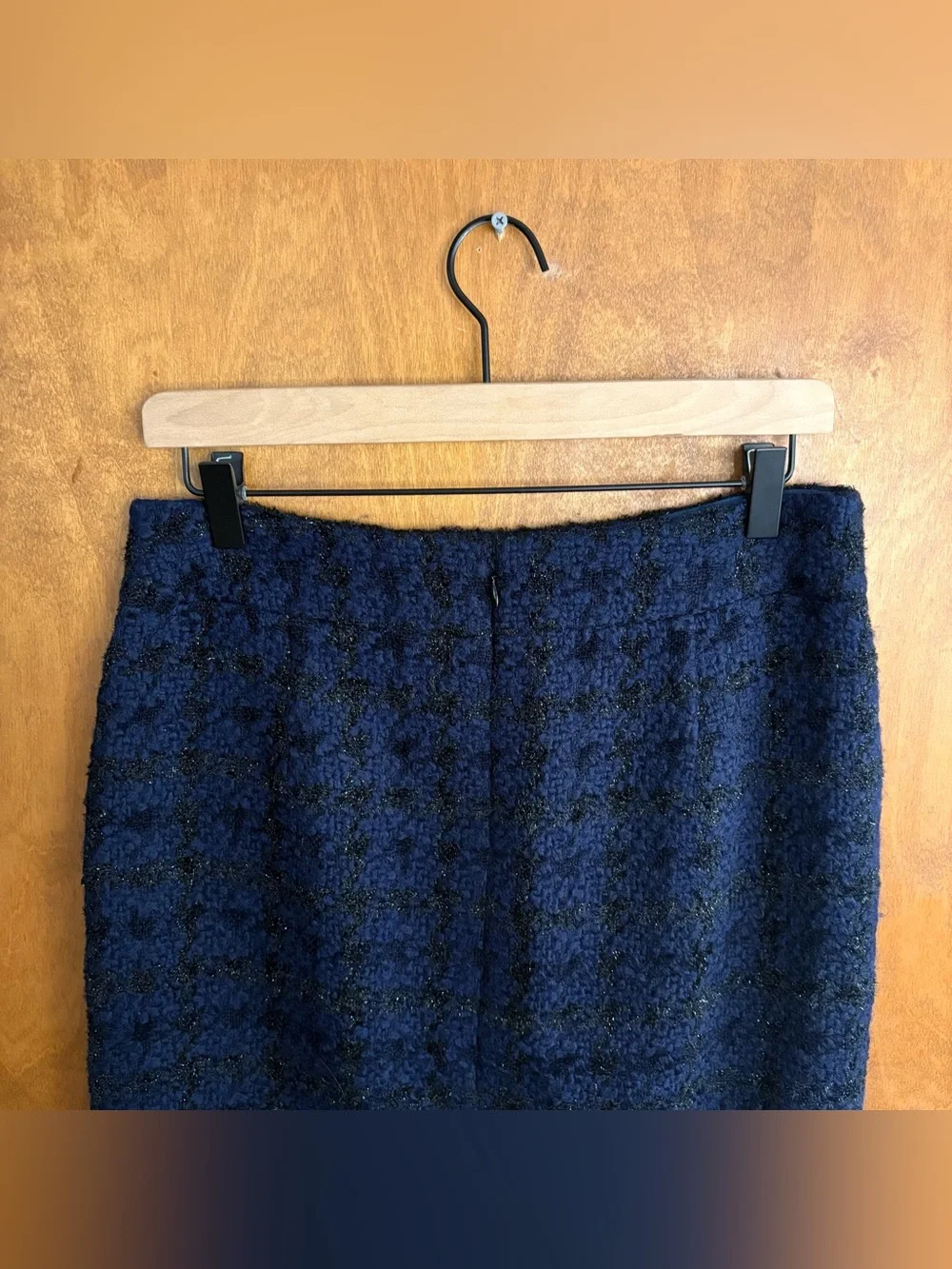 J. Crew Navy Blue Wool Tweed Pencil Skirt Plaid Office Work Career Metallic Boho